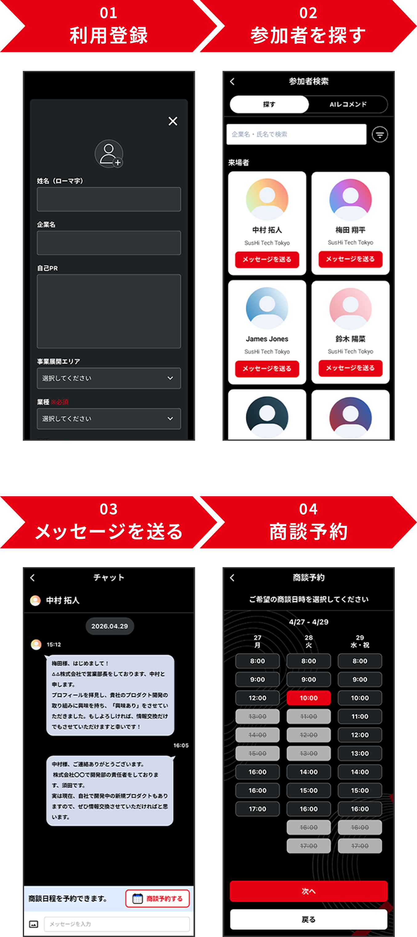 01利用登録 > 02参加者を探す > 03メッセージを送る > 04商談予約